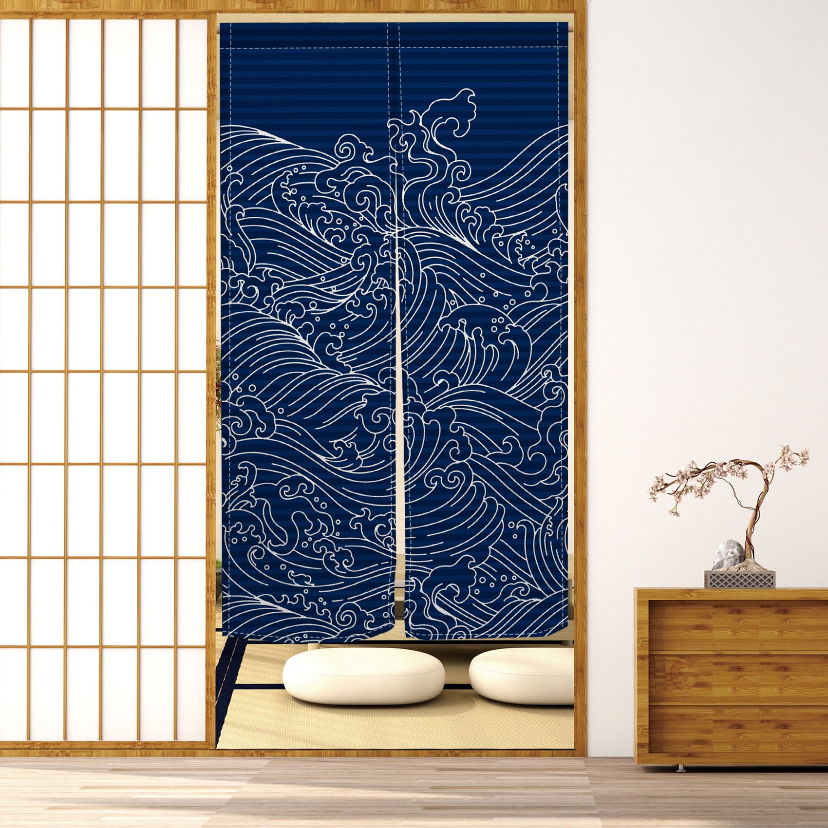 Noren Doorway Curtain Japanese Style Wave Printed Linen Window Treatment Door Tapestry for Home Decoration 33.5"x67",Navy Blue