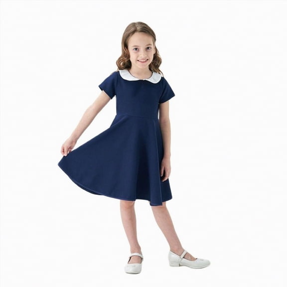 mgoYE 2t Girl Dress Easter Girl's Peter Pan Collar Dress Short Sleeve Casual Flare Skater Dresses(Navy,7-8 Years)