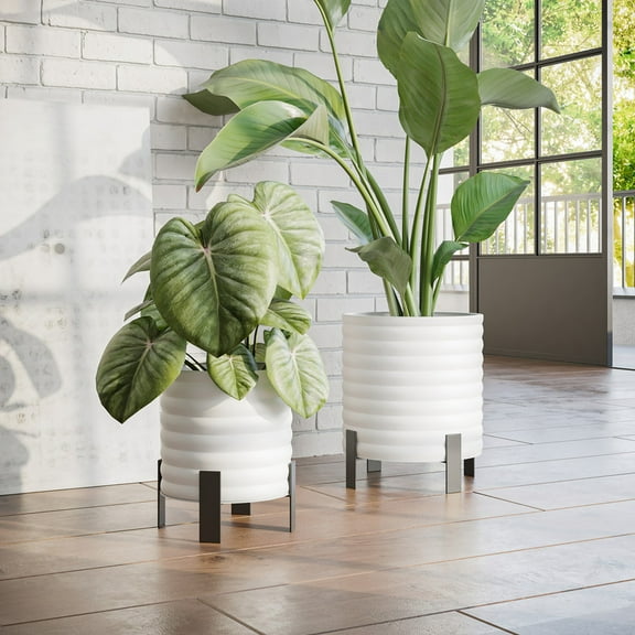 2-Piece Ribbed Metal Planter Pot With 4-Leg Black Metal Base - White - 12"H x 11"W / 10"H x 9"W
