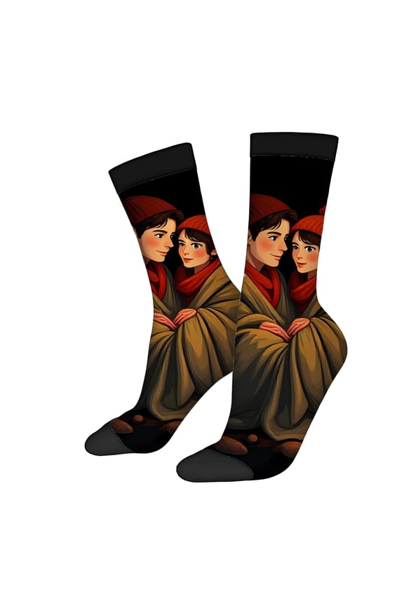 Four Seasons Universal Socks (2 Pairs) - Unisex Trendy Socks with Vibrant Animated Characters in Warm Clothing on Textured Brown Base
