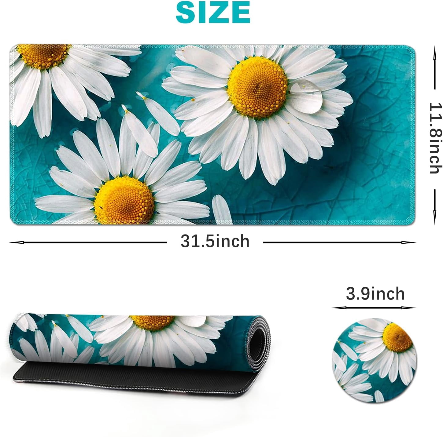 Large Gaming Mouse Pad Extended Desk Pad XL Keyboard Mat Long Mousepad Decor Writing Pad 31.5x11.8inch Non Slip Rubber Base with Stitched Edges for Work, Game -Cute Daisy