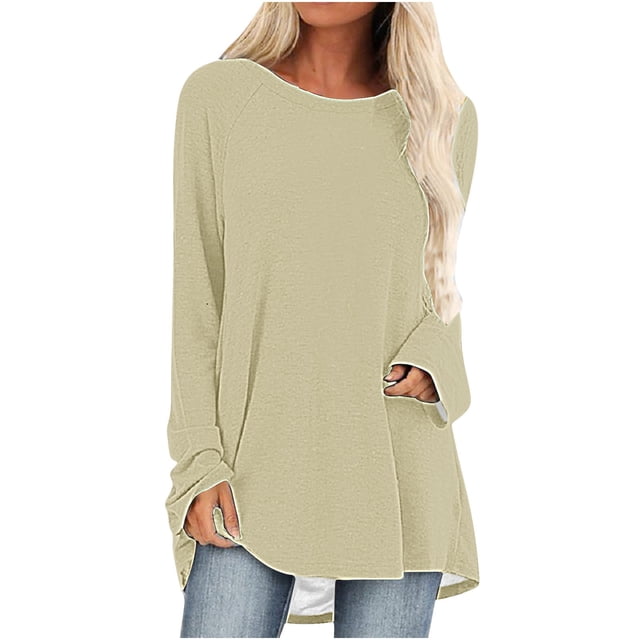 Diufon Womens Plus Size Tunics Fall Casual Solid Color Blouses Round Neck Long Sleeve Tops