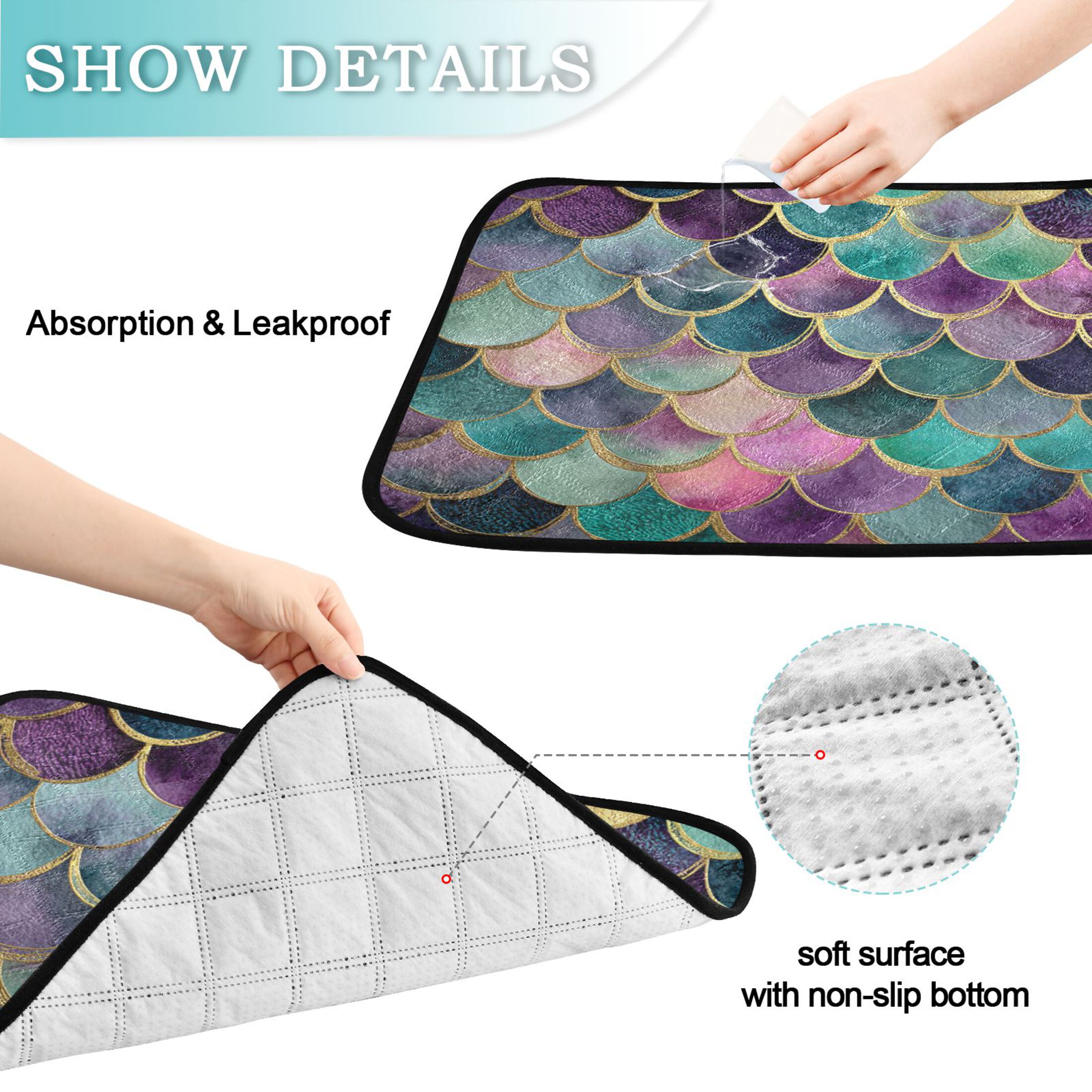 Qxltty Mermaid Scales Cat litter Pads Pet Set of 2 Diaper Mats Center Anti-leakage Layer Absorbent Soft and Comfortable