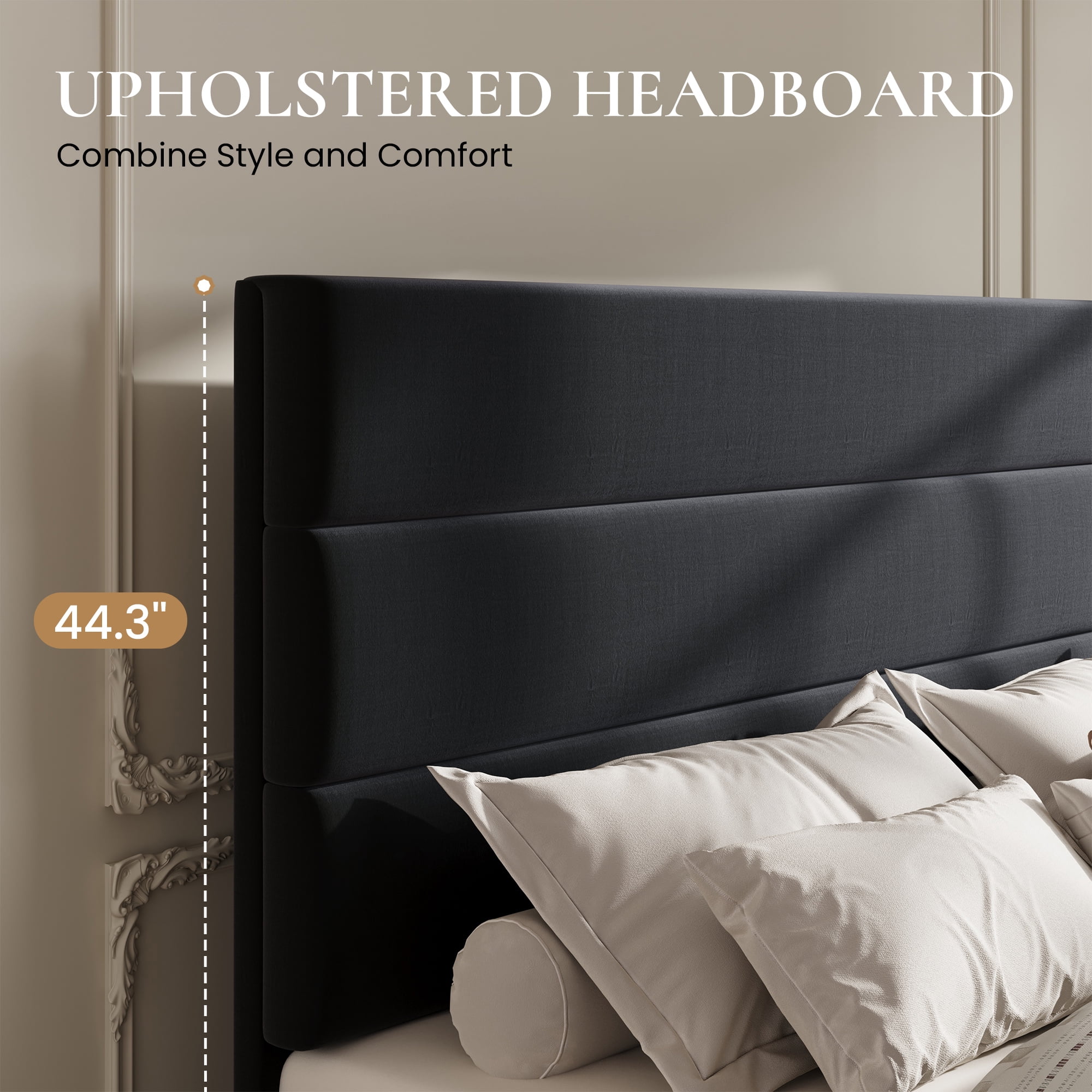 Sha Cerlin Full Size Platform Bed Frame with 4 Storage Drawers, Velvet Upholstered Headboard, Black