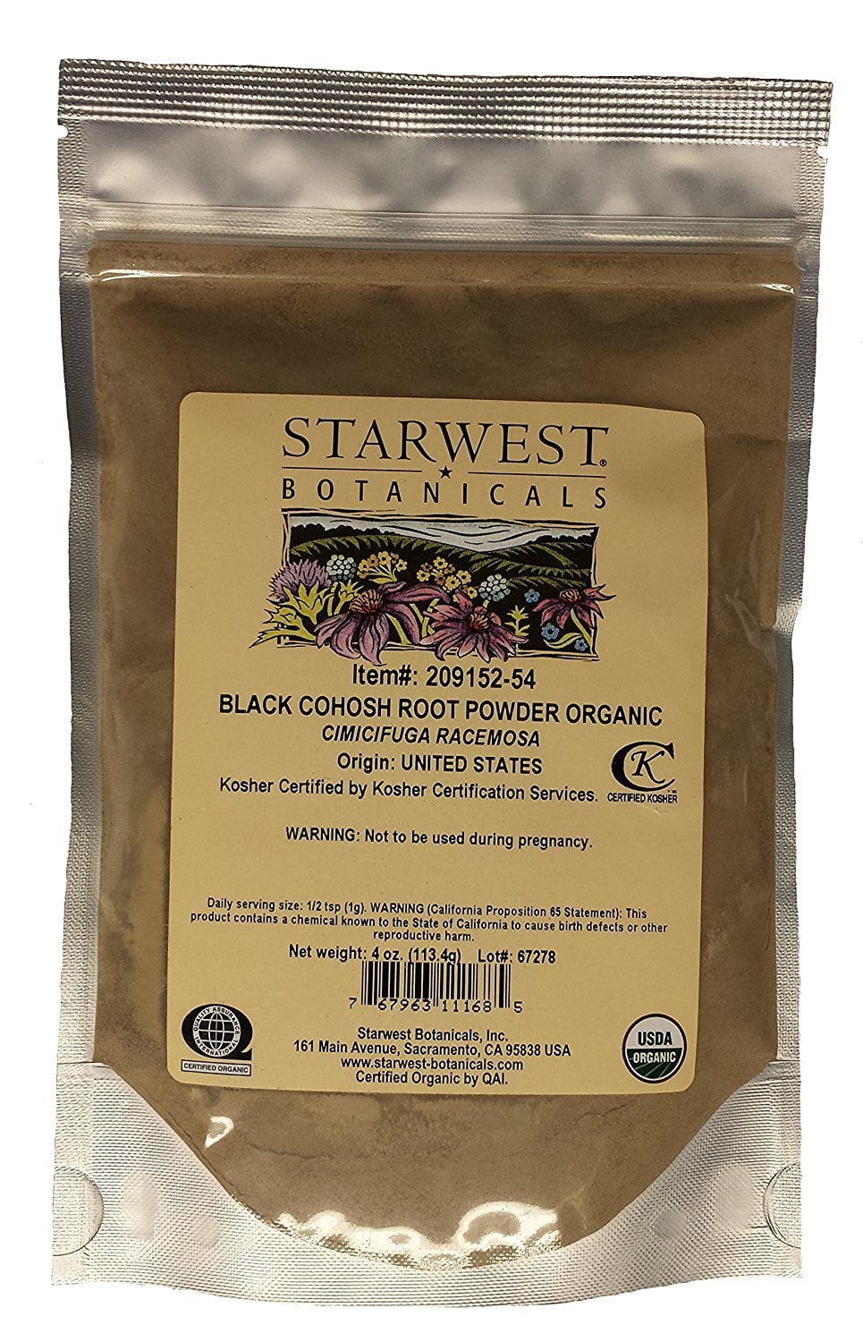 Black Cohosh Root Pwd Organic 4 Oz,(Starwest Botanicals)