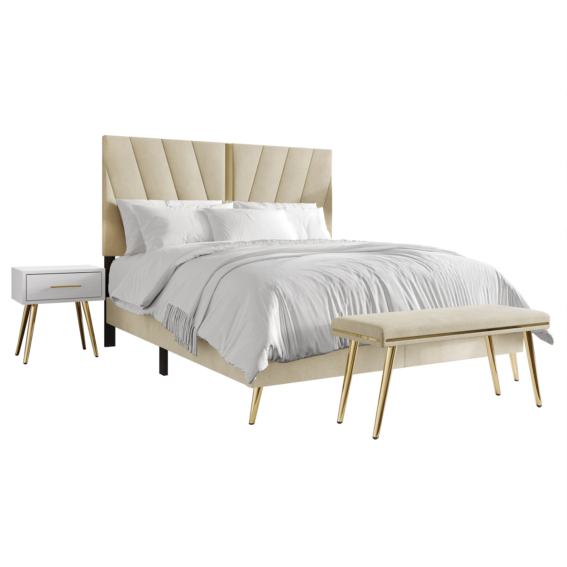Castle Place Contemporary Velvet Queen Upholstered Bed with 2 Nightstand and Bench, Champagne