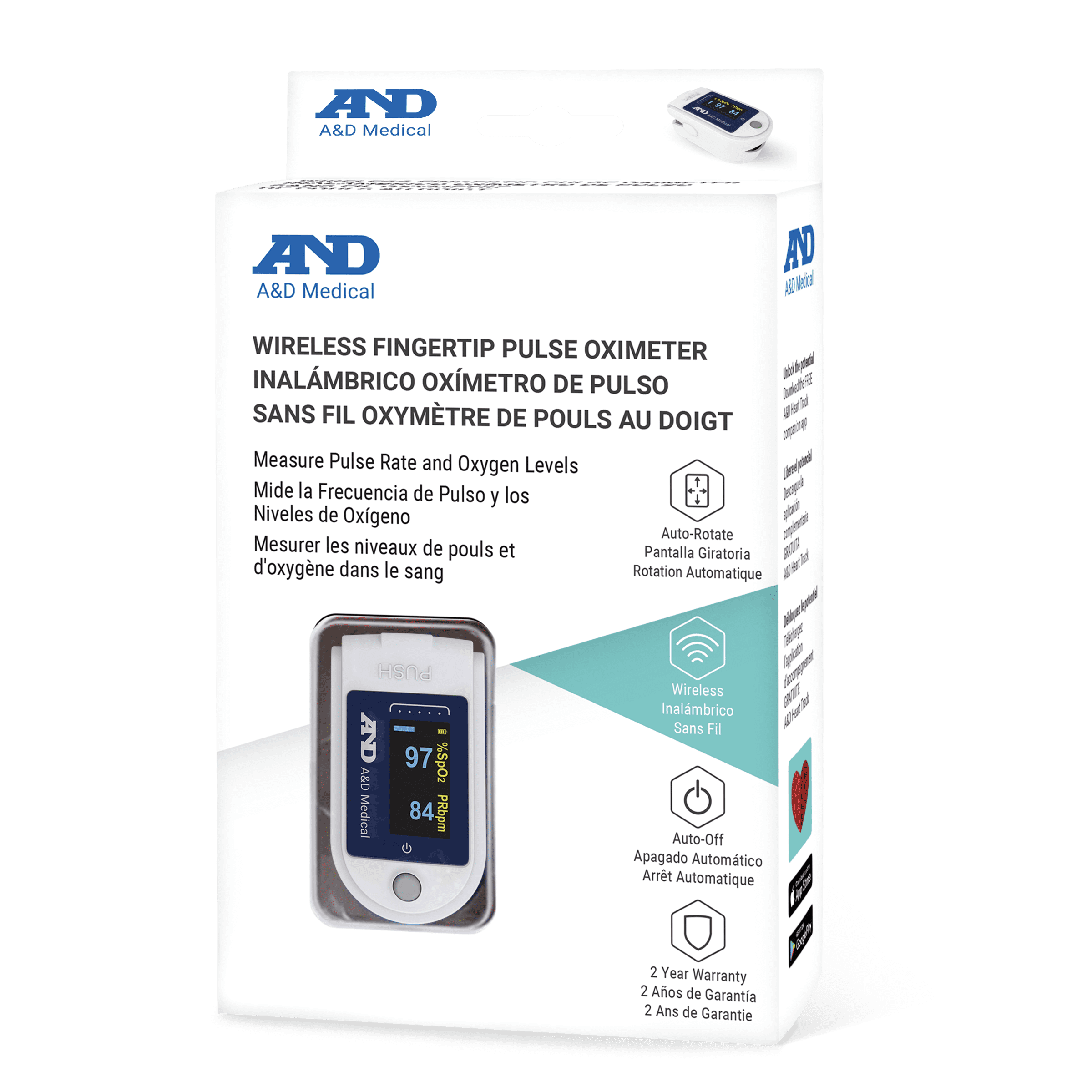 A&D Medical Fingertip Pulse Oximeter for Sports, UP-200BLE, SpO2 & Pulse Rate Tracker, Carrying Case, Lanyard, AAA Batteries