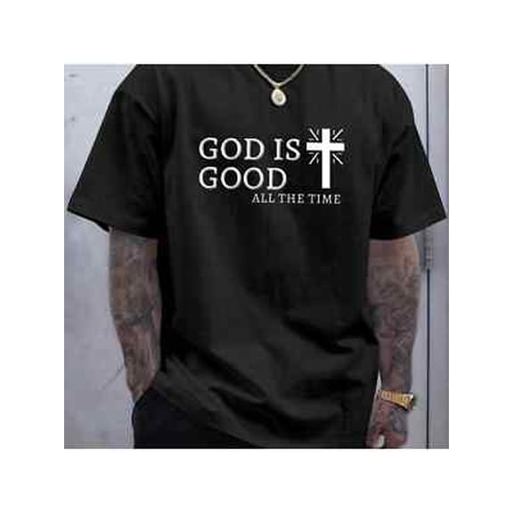 Velto Men's 'God is Good' Graphic Tee - Casual Black Cotton T-Shirt with Cross Print, All Size S-5XL