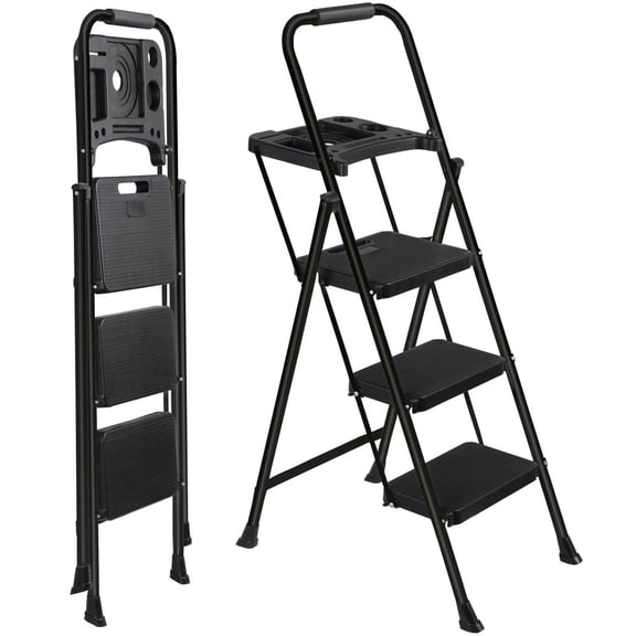 HOWEN 3 Step Ladder Folding Steel Ladder with Non-Slip Wide Pedal and Tool Tray, Black, Lightweight and Sturdy for Home and Workshop Use