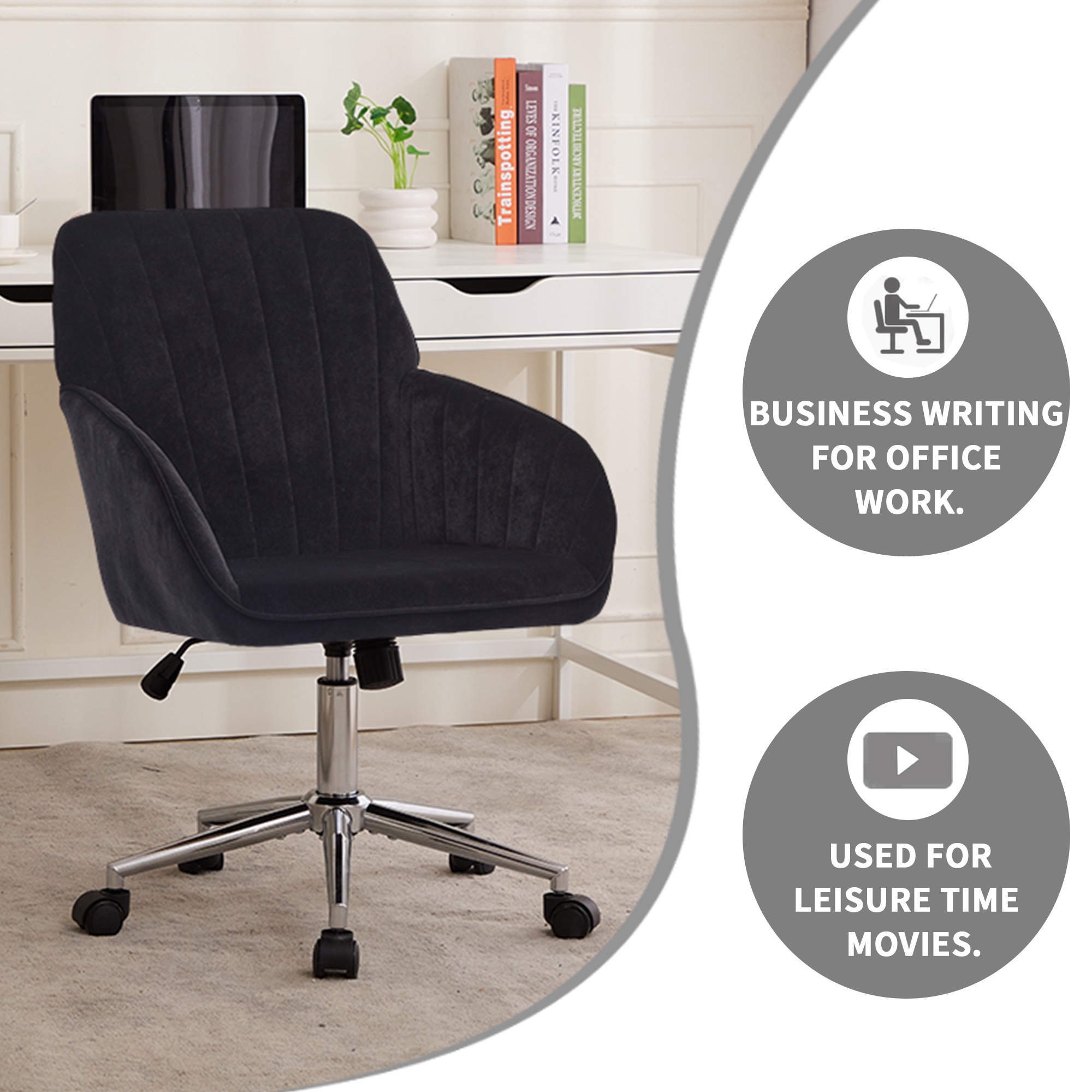 PORKISS Vanity Chair, Swivel Home Office Chair, Ergonomic Desk Chair with Silver Metal Base, Adjustable Height, Velvet Upholstered Task Chair, Black