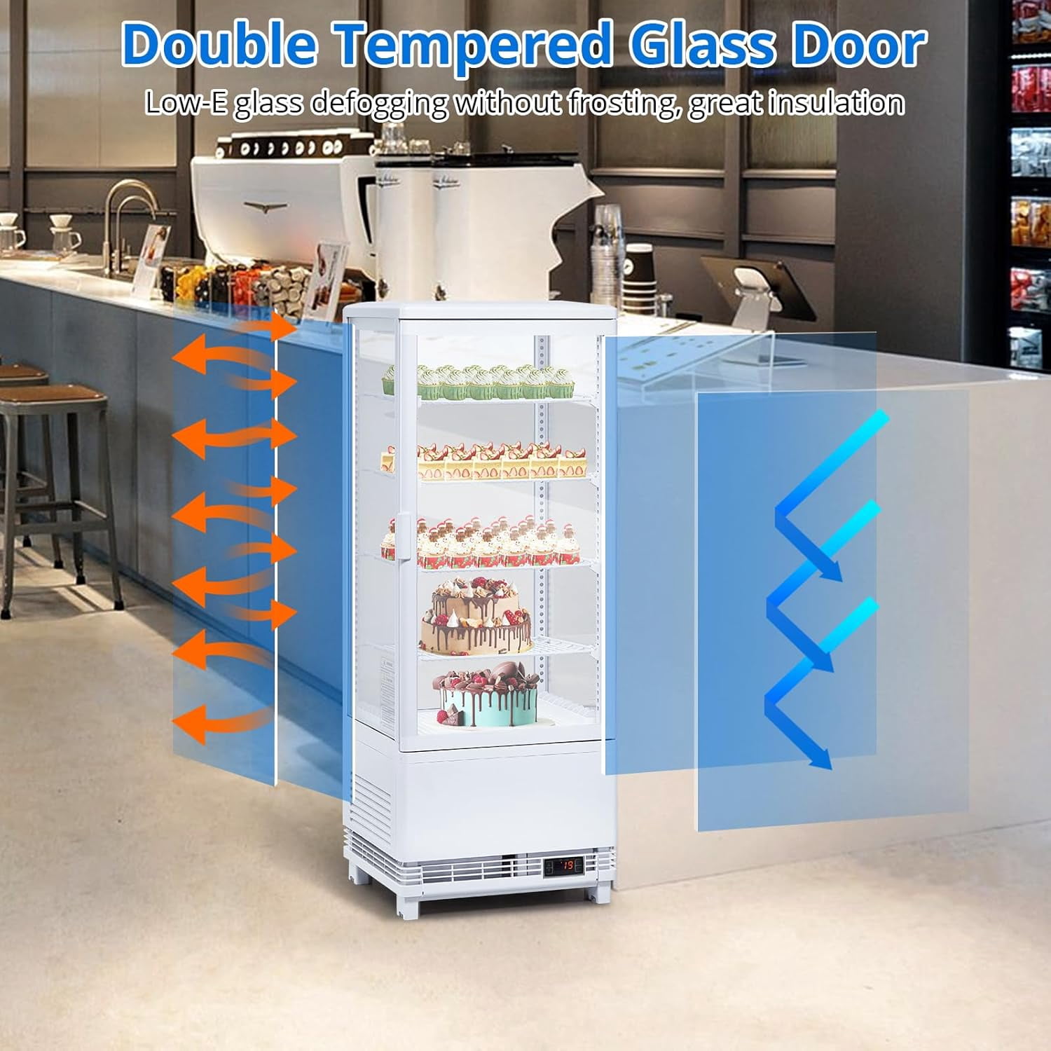 Homhougo Commercial Display Refrigerator, 3.5 Cu Ft Countertop Pastry Display Case with Double-Layered Glass, Display Cake Fridge with Interior LED Lighting, Single-Door Bakery Refrigerator, White