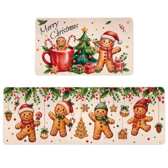 Christmas Kitchen Rugs Set of 2, Christmas Gingerbread Man Kitchen Mats Rugs Set Indoor Home Decor 17x29 & 17x47 inch