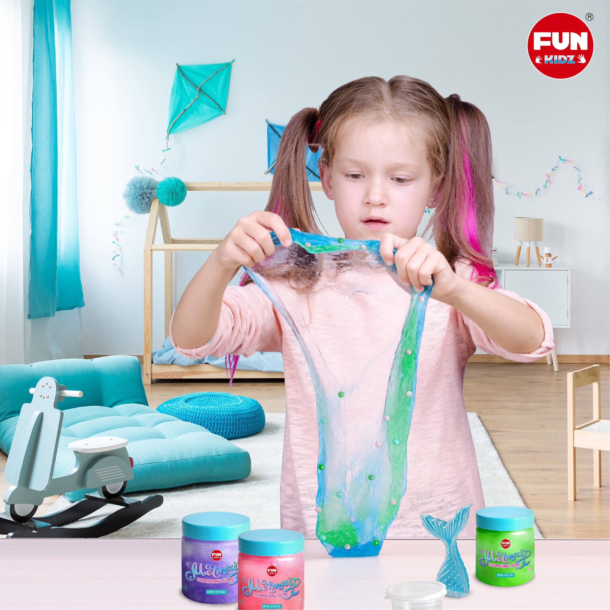 Summer Mermaid Slime Kit for Girls 10-12, FunKidz Shimmer Slime Making Kit  for Kids Ages 8-10 DIY Fluffy Glitter Slime Toy Mermaid Gift
