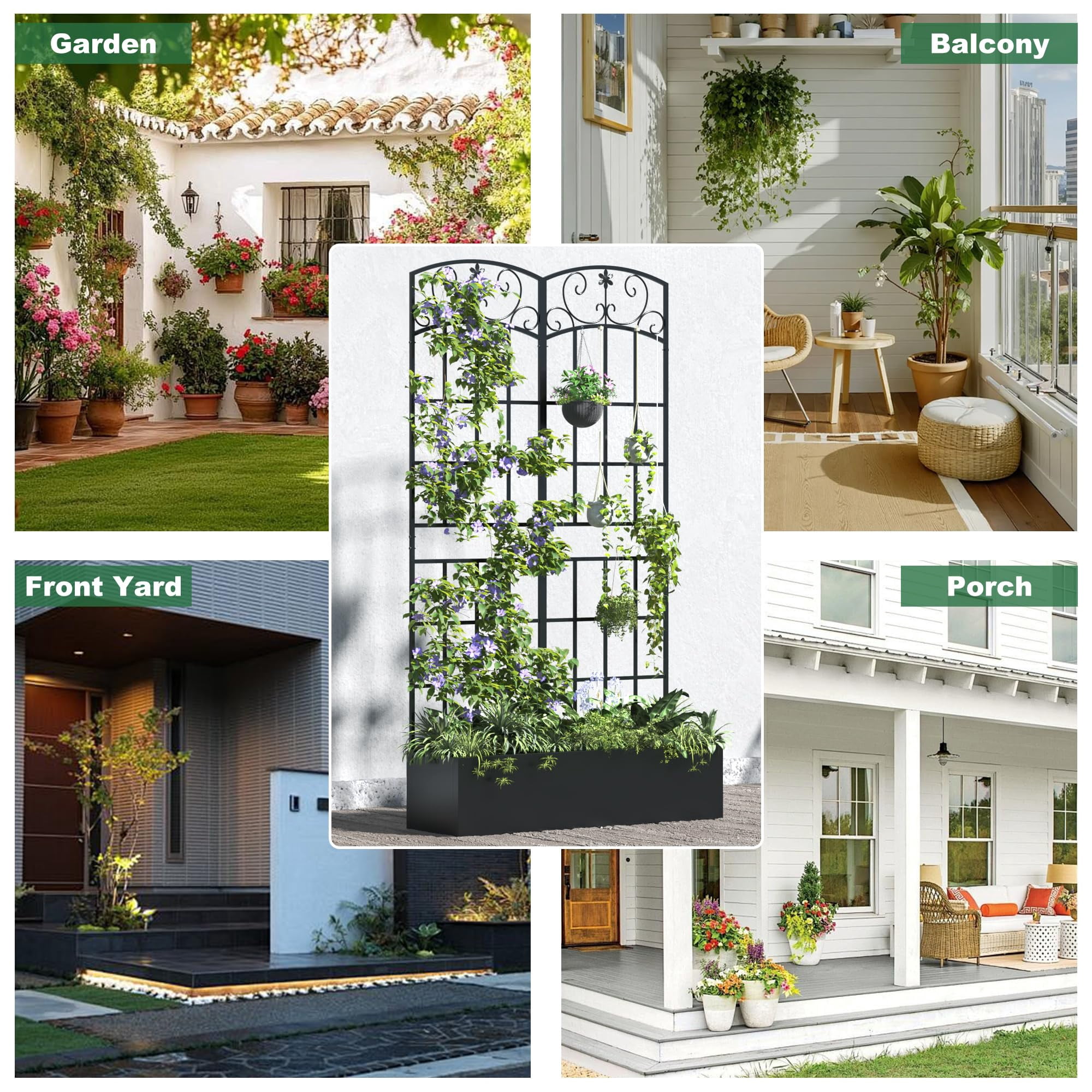ANPOO Metal Raised Garden Bed with Trellis, 70.9"x40.4"x11.8" Outdoor Planter Box with Drainage Holes, Black Privacy Screen for Climbing Plants, Patio & Balcony
