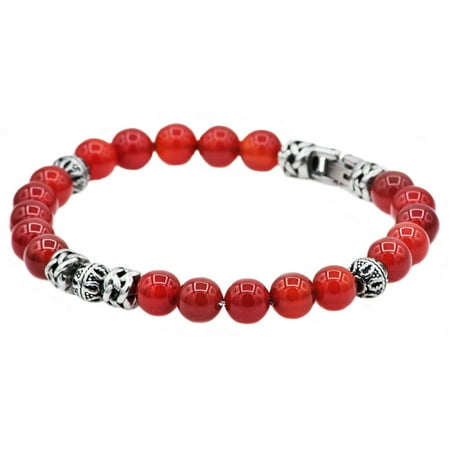 Men's Genuine Red Jasper Stainless Steel Bead Bracelet, 8.5
