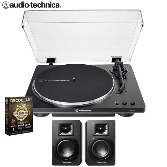 Audio-Technica AT-LP70X-BG Fully Automatic Belt-Drive Turntable, Black/Silver Bundle with AT-SP3X Bookshelf Speakers and Deco Gear CPS 26 Month Protection Pack (Beach-CPS- 26500)