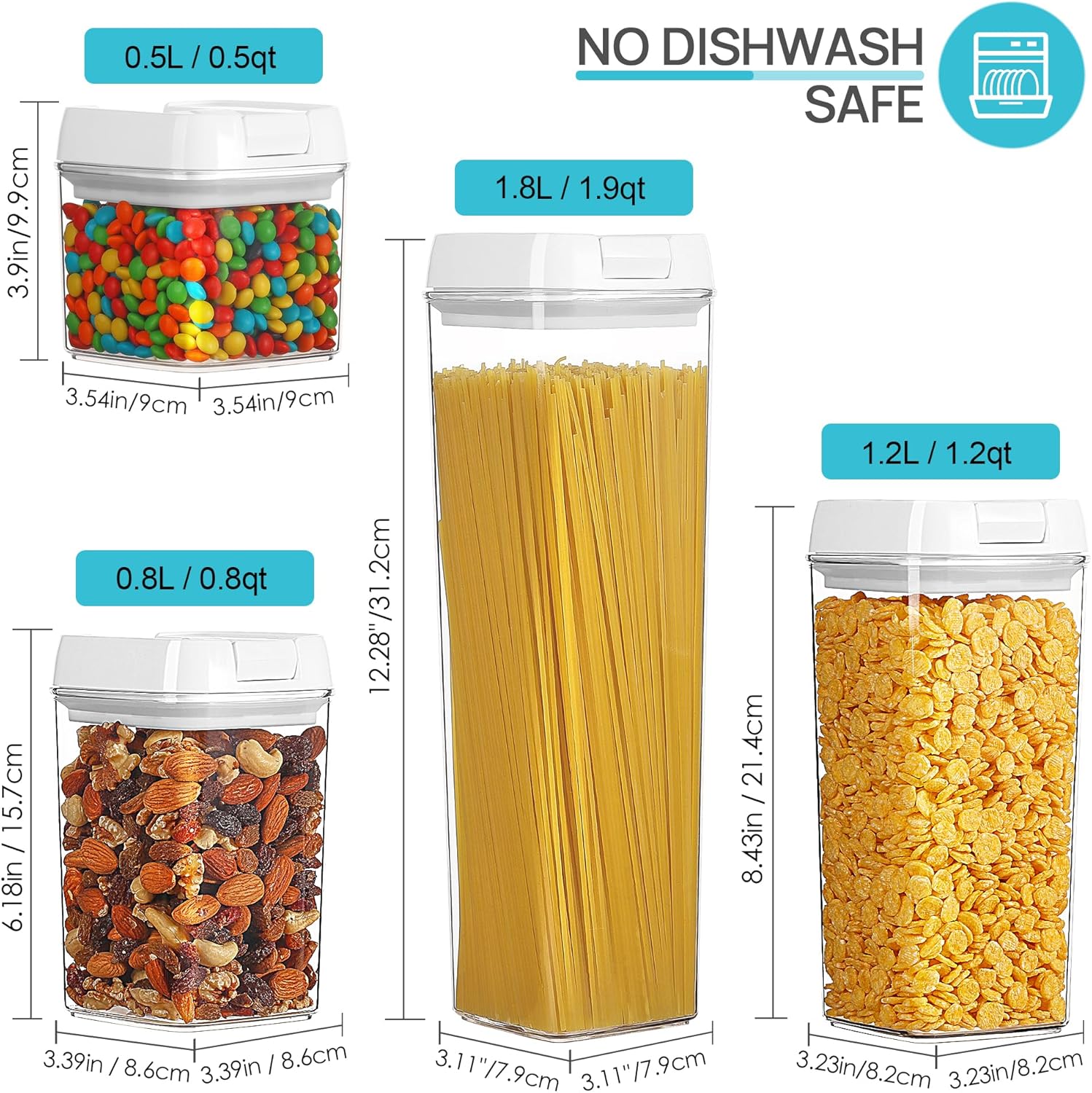 Airtight Food Storage Containers, 7-Piece BPA-Free Plastic Cereal Storage Jars with Easy-Lock Lids for Kitchen Pantry Organization, 24 Labels, White