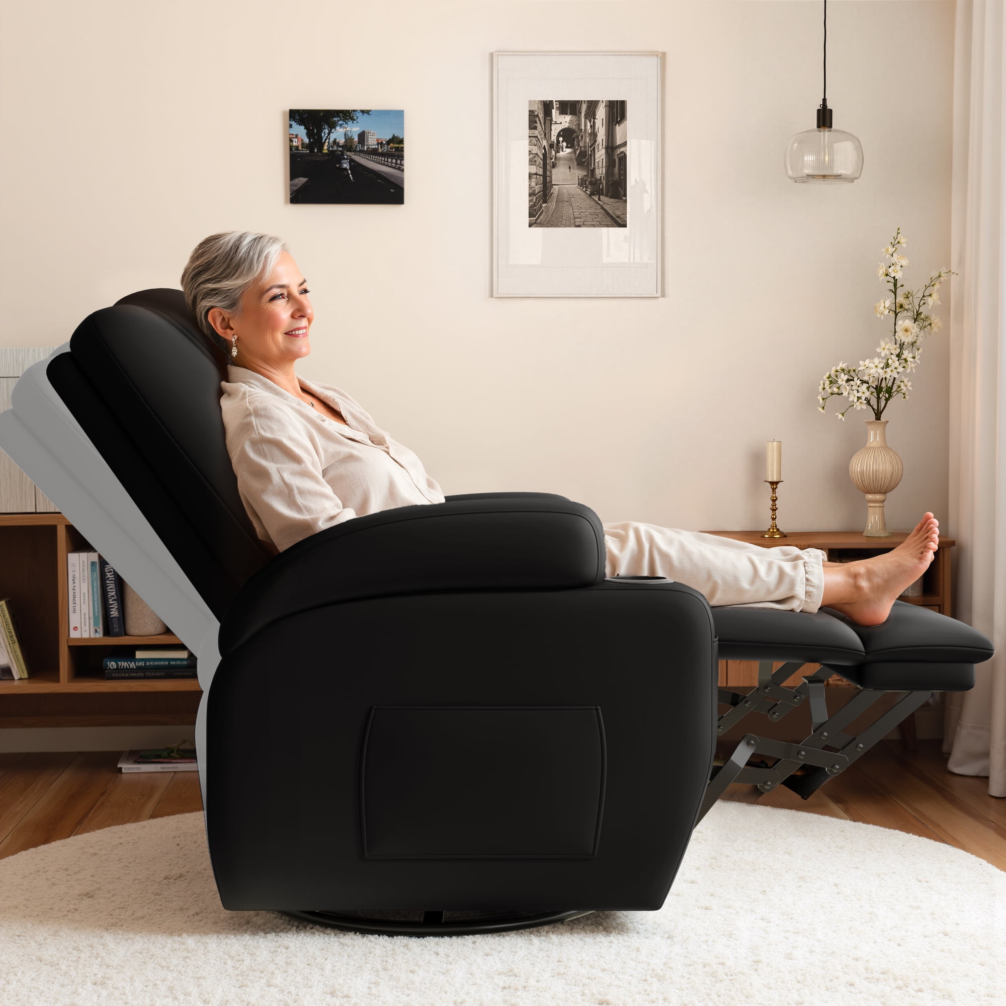 Furmax 360° Swivel Rocking Chair Power Massage Recliner With nursing Needs Oversized Furniture For Living Room,,PU Black