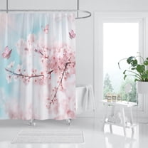 Pink Cherry Blossom Shower Curtain, Japanese Sakura Floral Shower Curtain Set, Plant Flower Cherry Shower Curtains for Bathroom, Waterproof Fabric with 12 Hooks, 72 x 72 Inches