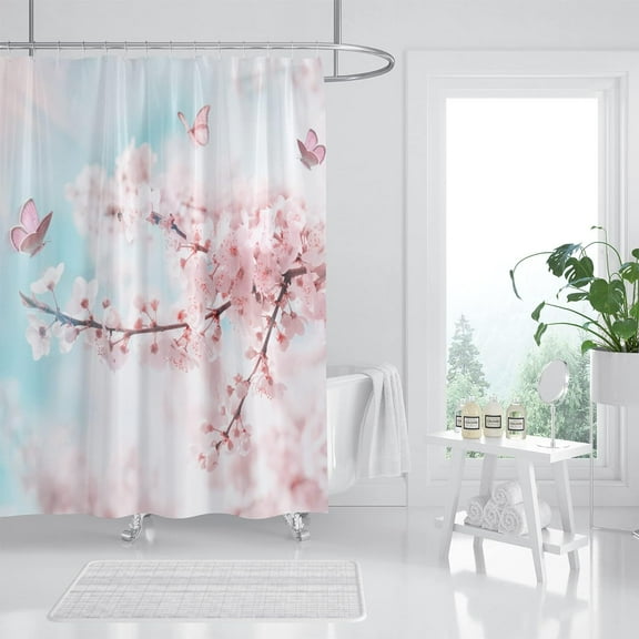 Pink Cherry Blossom Shower Curtain, Japanese Sakura Floral Shower Curtain Set, Plant Flower Cherry Shower Curtains for Bathroom, Waterproof Fabric with 12 Hooks, 72 x 72 Inches