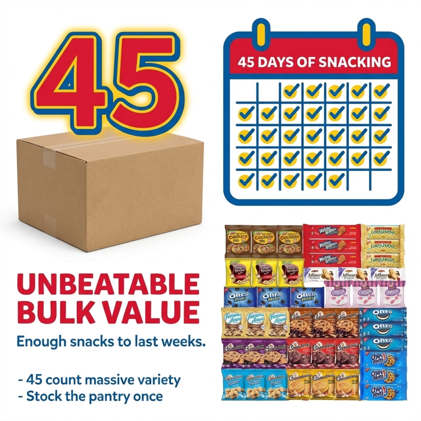 One Stop Cookies Individually Wrapped Variety Pack - Cookies Bulk Assortment Top Package Sampler (45 Count)