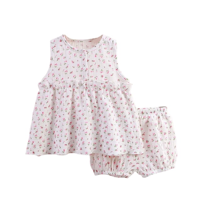 Pajama para Bebés Niñas Conjunto de Verano Cuello Redondo Manga Corta Estampado Floral con Gasa Bowknot Dos Piezas