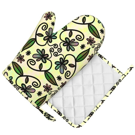 

DouZhe Oven Mitts and Pot Holders Sets Abstract Daisy Plants Prints Non-Slip Heat Resistant Kitchen Oven Silicone Glove
