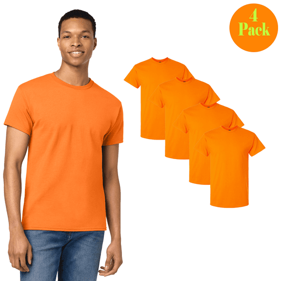 Gildan Hi Visibility T-Shirt for Men, Short Sleeve Heavy Cotton Work Tee, Safety Orange, S, 4 Pack