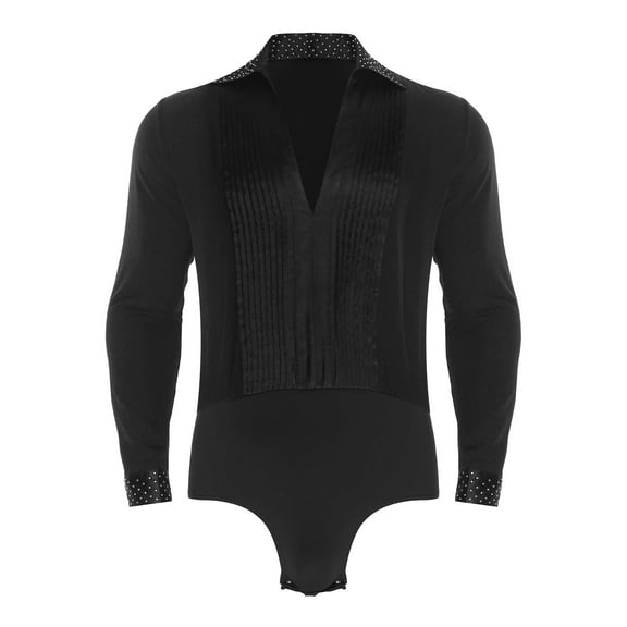 Men Shiny Rhinestones Jazz Leotard Ballroom Latin Dance Competition Costume Long Sleeve Pleated Bodysuit Shirts Dancewear