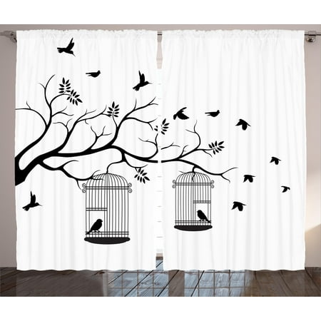 Birds On A Branch Apartment Decor Curtains 2 Panels Set, Modern Romantic Themed Decor Birds Cages Branches Leaves Art Print, Window Drapes for Living Room Bedroom, 108W X 84L Inches, Black and White, by Ambesonne ()