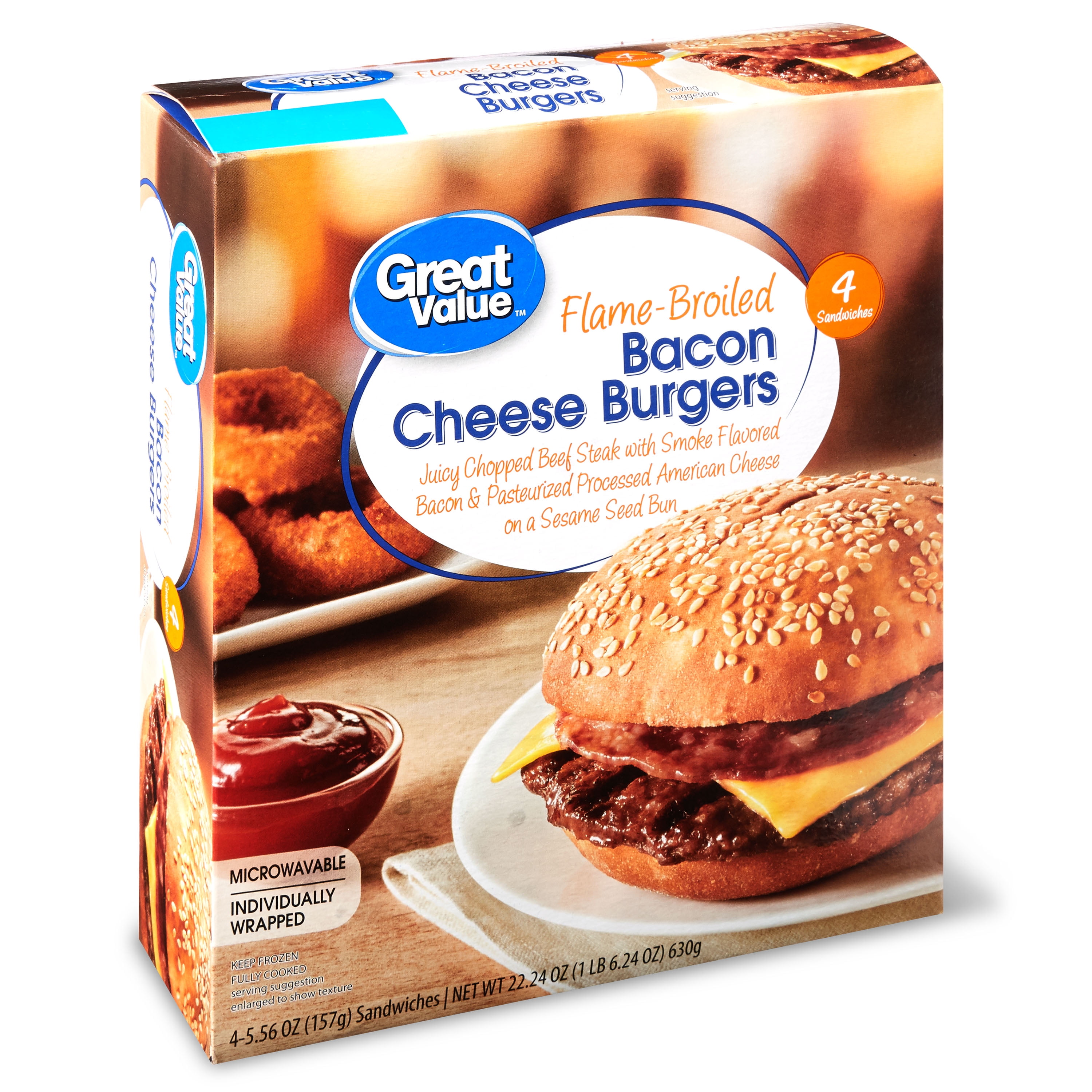 Great Value FlameBroiled Bacon Cheese Burgers, 22.24 oz, 4 Count