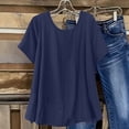 thumbnail image 3 of Linen Short Sleeve Tops for Women Casual Decorative Button Loose Fits Blouse Summer Round Neck Comfy Tops ,Navy,L, 3 of 9