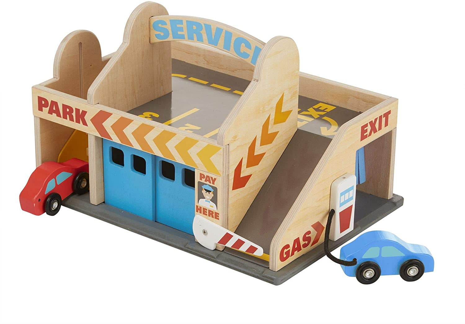 Car Wash Toy Service Station Parking Garage With 2 Wooden Cars Melissa & Doug 
