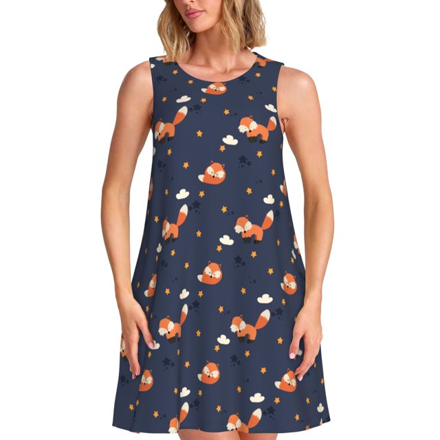 Disketp Cartoon Fox para Vestido sin Mangas para Mujeres, Vestidos de Verano para Mujeres, Casual y Holgado para la Playa