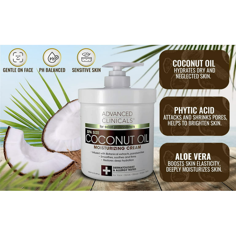 Advanced Clinicals Coconut Oil Cream. Spa size 16oz Moisturizing Cream.  Coconut Oil for Face, Hands, Hair.