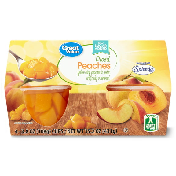 Great Value Diced Peaches, No Sugar Added 3.8 oz, 4 Ct