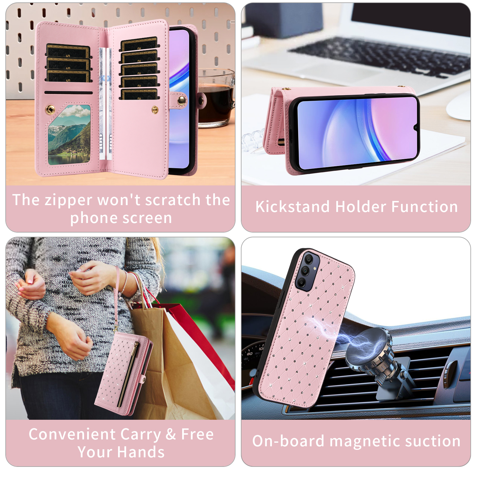 Asuwish Phone Case for Samsung Galaxy A15 5G/4G Zipper Wallet Detachable Cell Cover with Tempered Glass Screen Protector Crossbody Lanyard Strap Bling Glitter Flip Card Holder Slot A 15 G5 15A Pink