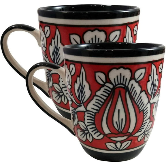 India Meets India Coffee Mug/Cup Ceramic Set of 2 Handmade | Khurja Pottery | 250 ml (Red & White)