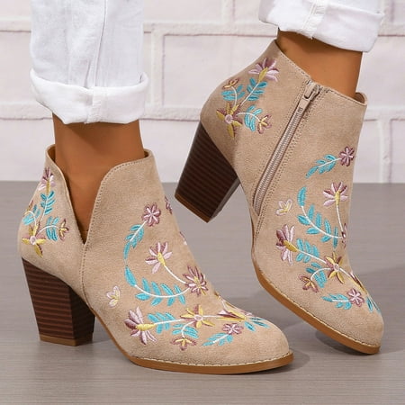 

WZJuhiie Fashion Women Flock Autumn Square Heels Zipper Flower Embroidery Short Booties Round Toe Shoes