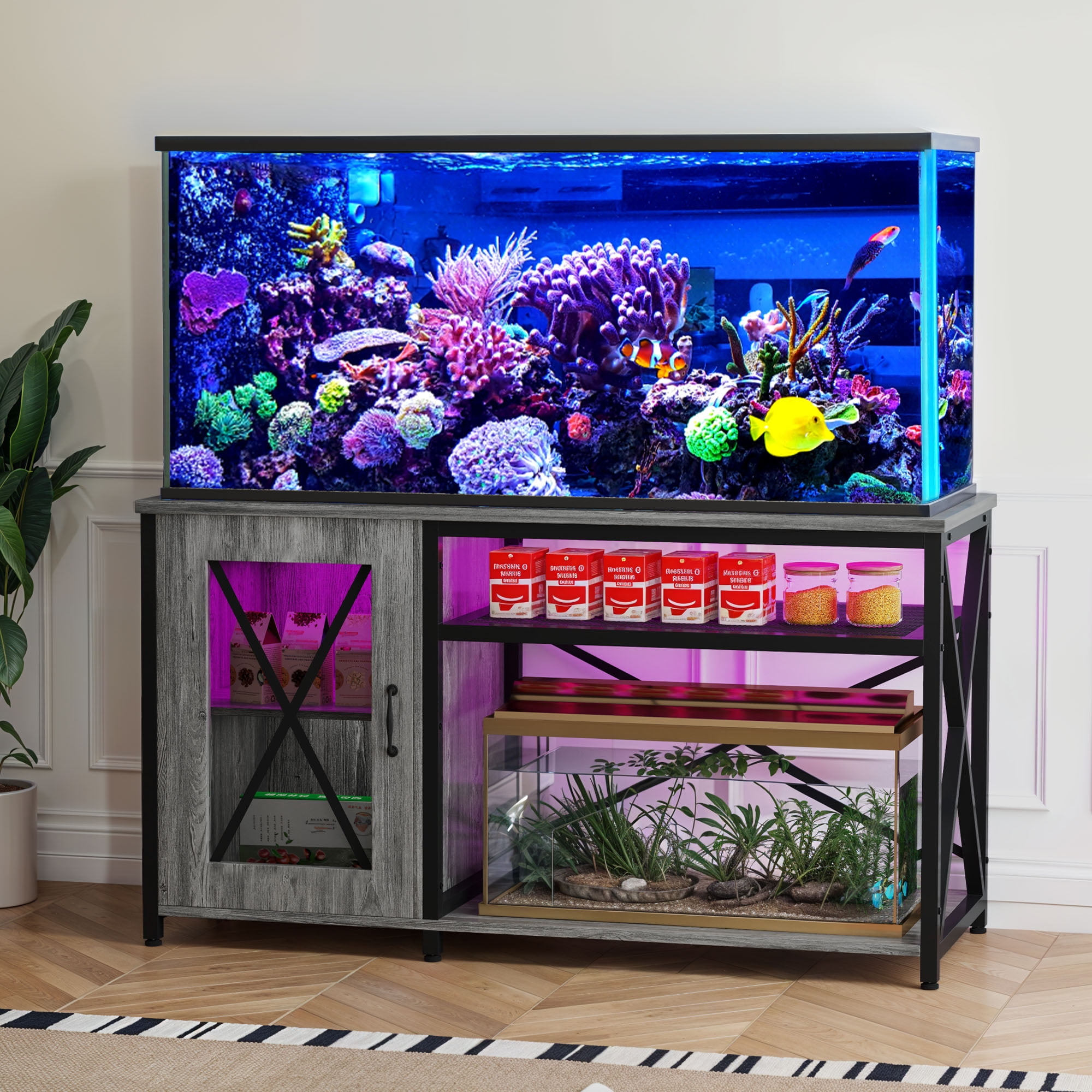 Uforic 55-75 Gallon Fish Tank Stand/Aquarium Stand with LED Lights and Power Outlets - Gray