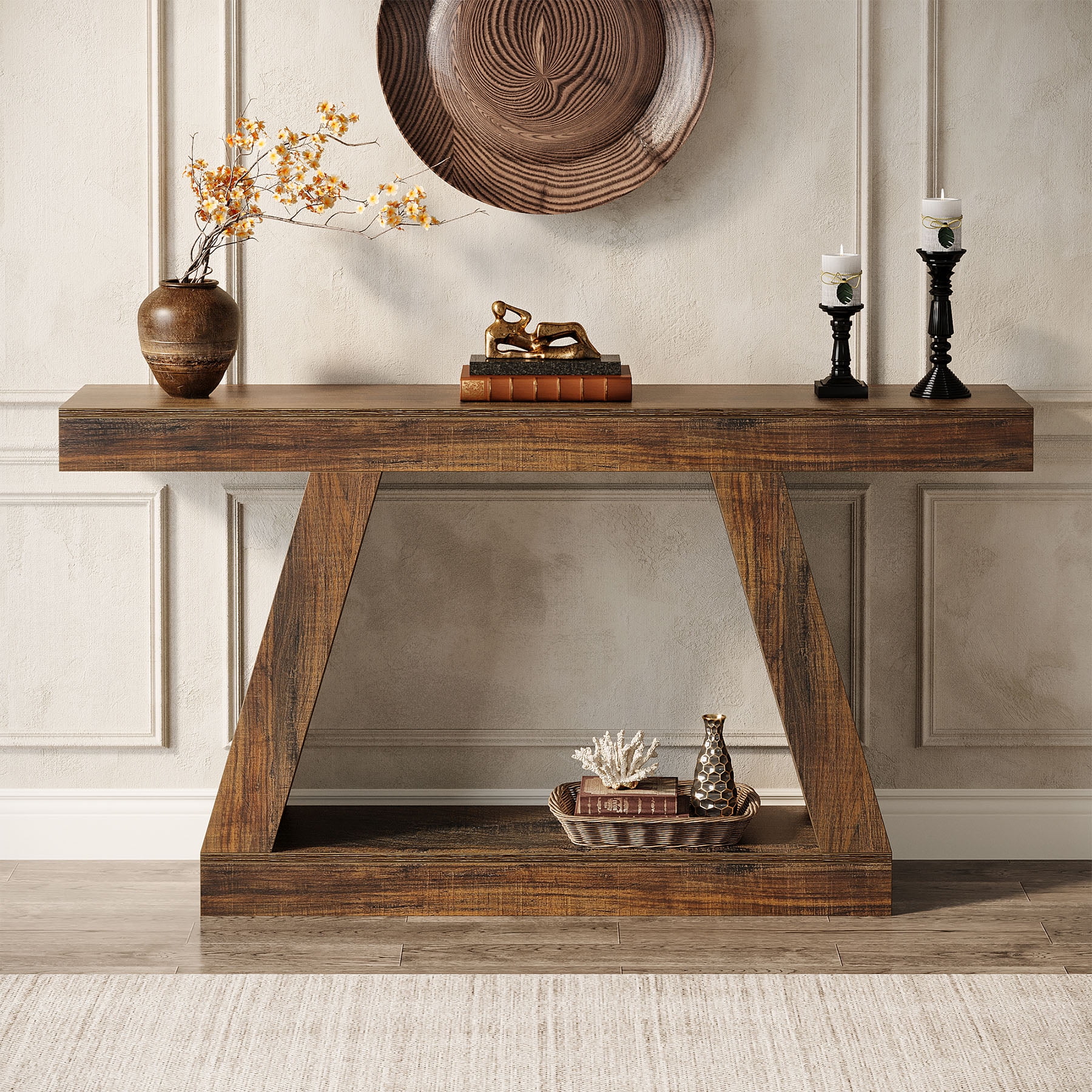 Finmind 55-Inch Farmhouse Console Table，2-Tier Wood Entryway Table for Hallway, Brown