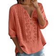 thumbnail image 2 of Womens 3/4 Sleeve Tops Cotton Linen Shirts Embroidered V Neck Button Boho Blouses Loose Fit Dressy Casual Tunic Top, 2 of 7
