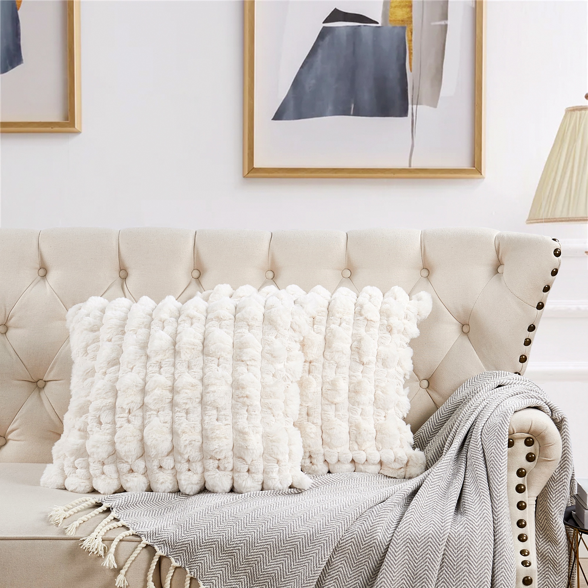 Home Soft Things Textured Spandex Bubble Faux Fur Pillow Covers, Set of 2, 20"x20", Ivory
