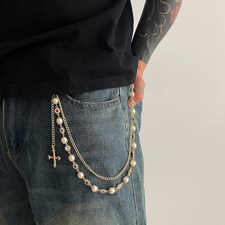 Multi-Layer Rhinestone Daisy Wallet Chain for Jeans, Pearl & Cross