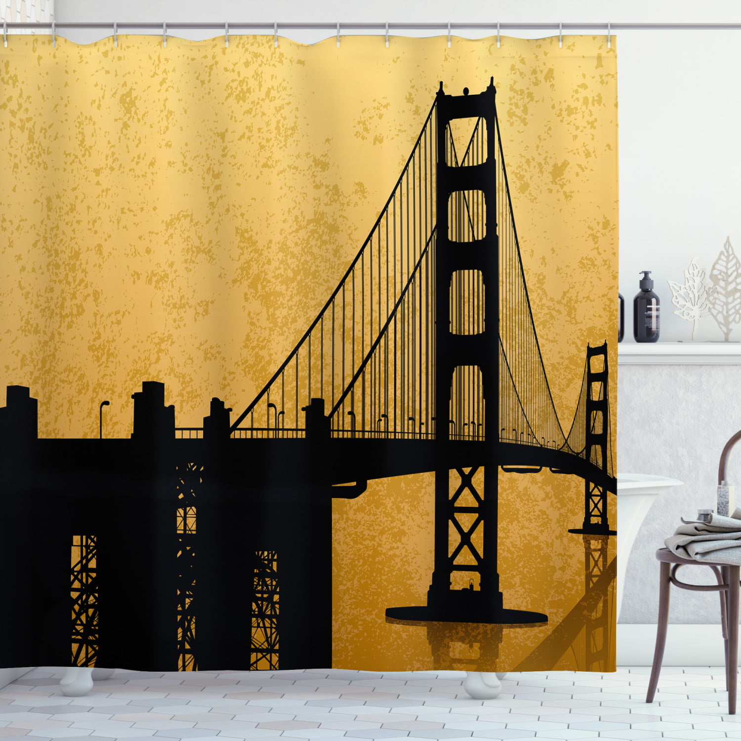 Balcony City Bridge Shower Curtain Liner Bathroom Set Polyester Fabric & Hooks 