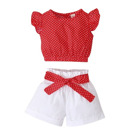 

Baby Kids Girl s Outfits Polka Dot Print Fly Sleeve Casual Cropped Tops+Solid Color Bowknot Shorts 2PCS Set