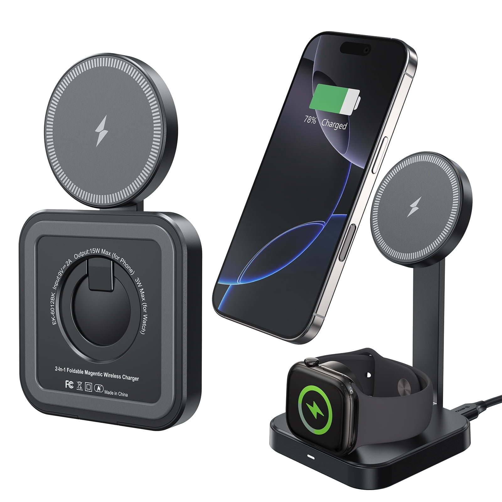 Esoulk 2-In-1 15W Compact Portable Foldable Magnetic Wireless Charger For iPhone and Apple Watch