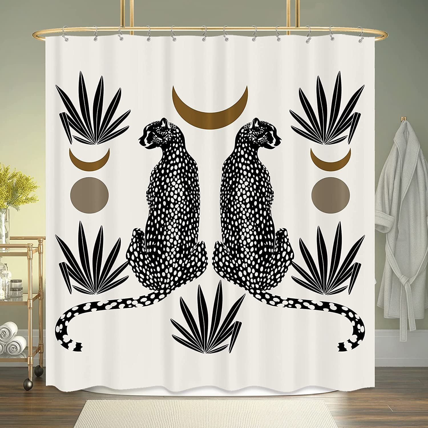 Boho Cheetah Leopard Shower Curtain Set 60Wx72H Inch Modern Aesthetic