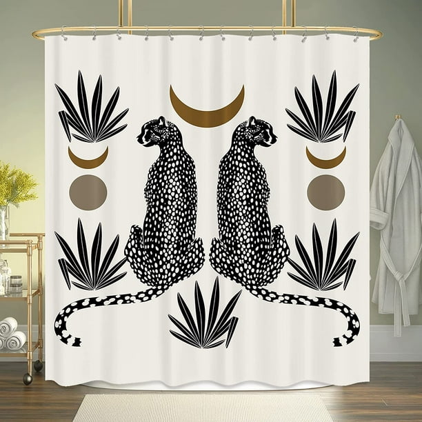 Leopard Shower Curtain for Bathroom 60Wx72H Inch Tropical Jungle Safari  Wildlife Animal Black White Abstract Moon Sun Plant Geometric Contemporary  Art Fabric Waterproof Polyester 12 Pack Hooks 