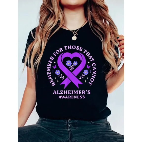 100% Cotton Remember for Those That Cannot Alzheimer's Awareness Ribbon T-Shirt Women's Men's Graphic Tee Casual Tops
